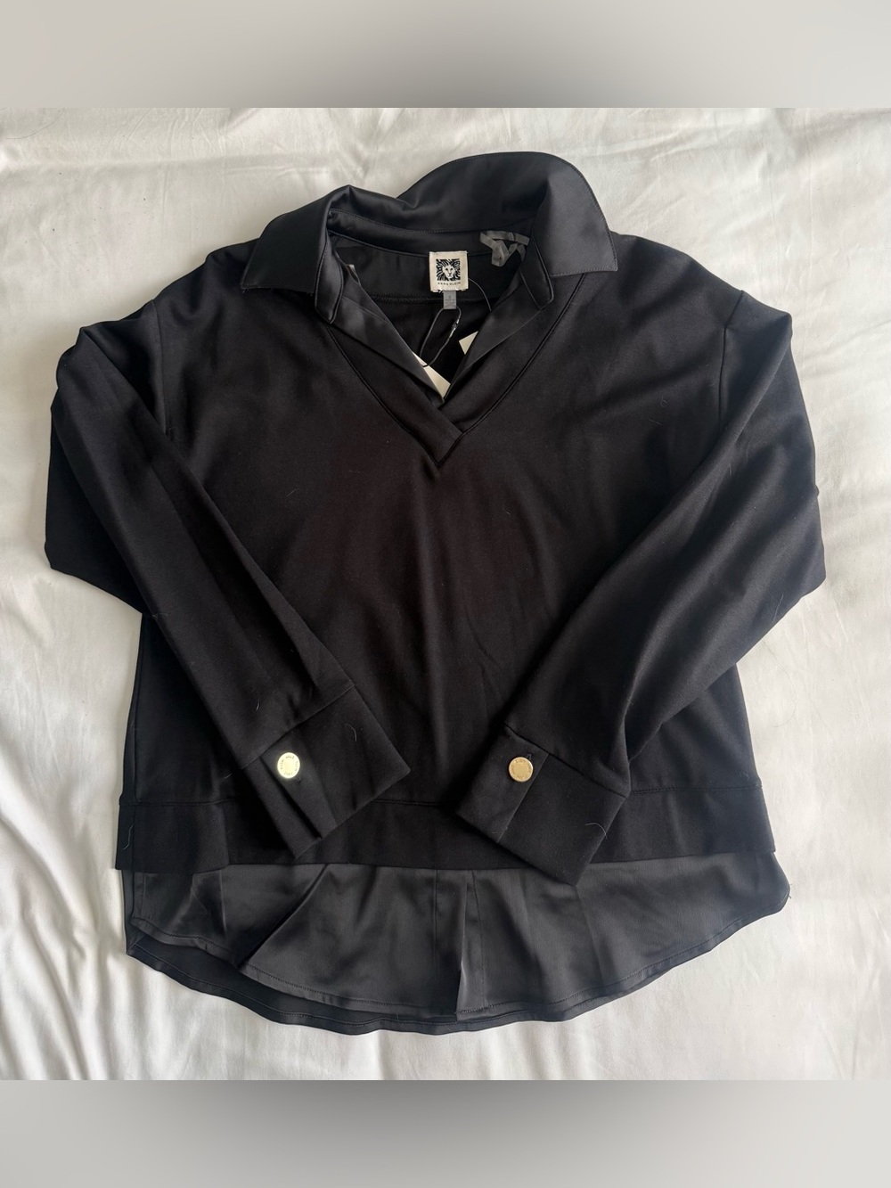 NWT Anne Klein Black V-Neck Sweater Satin Collar Hem Accent Cuffs- S